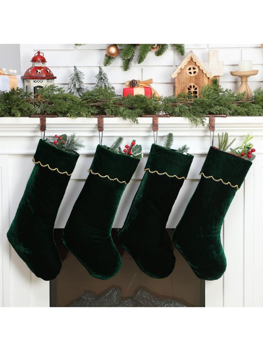 Vintage Green Velvet Christmas Stockings Set of 4 - 20 Inch Holiday Decor